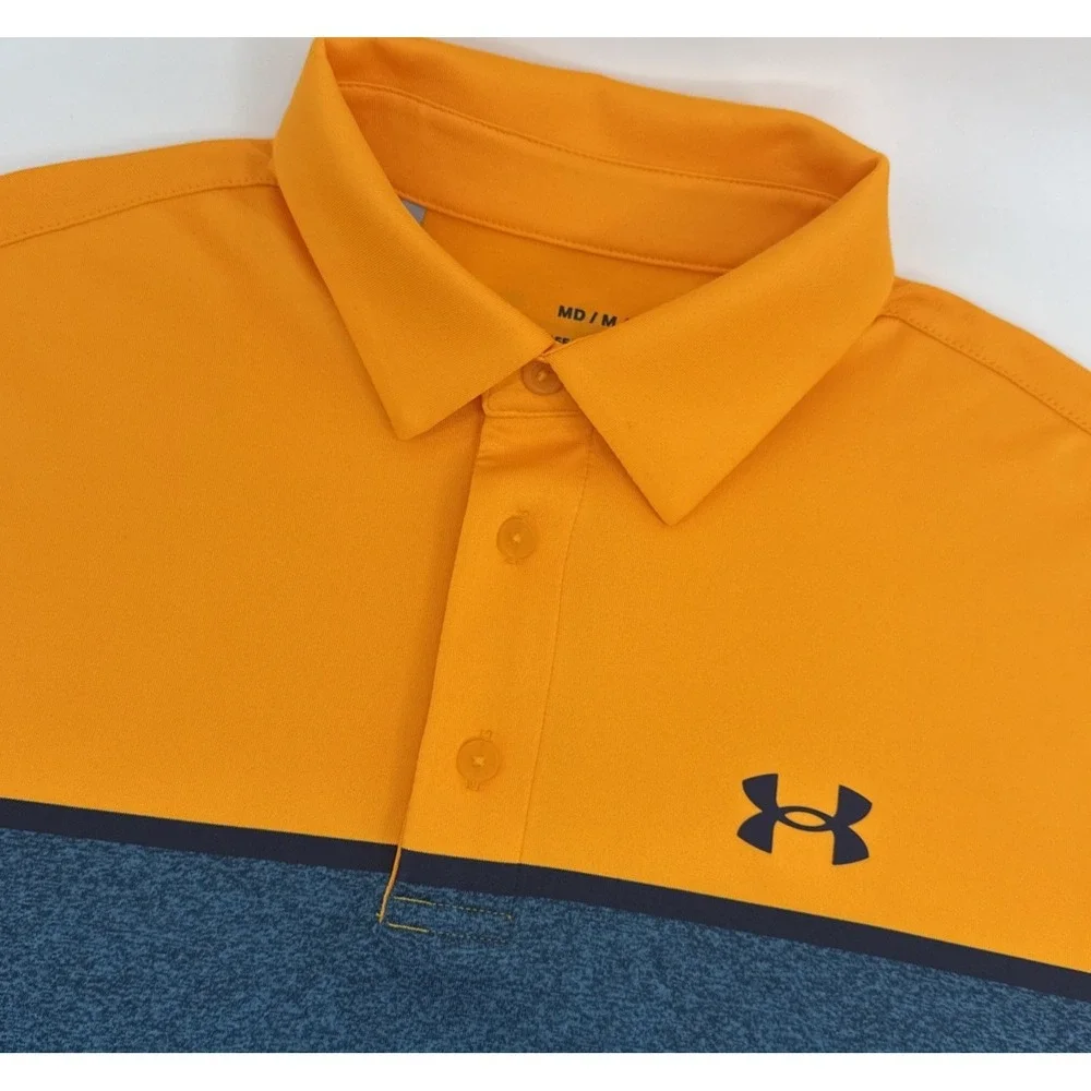 Under Armour Playoff Polo Men M Orange Blue Golf HeatGear Performance